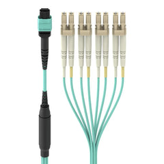 MTP to LC Fiber Optic Cable, 40GB Aqua Multimode MTP/8x LC, 50/125, OM3, Plenum