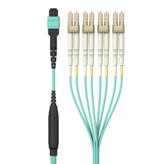 MTP to LC Fiber Optic Cable, 40GB Aqua Multimode MTP/8x LC, 50/125, OM3, Plenum